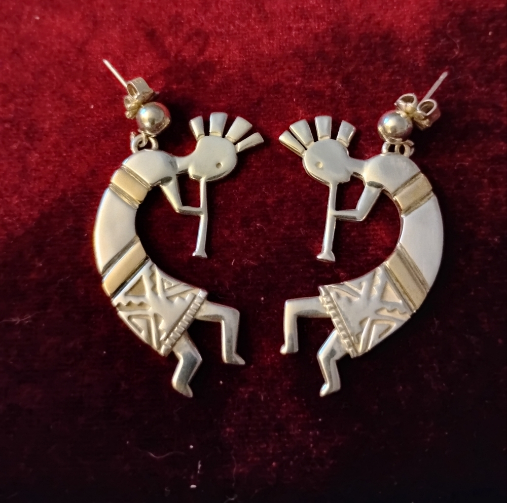 Sterling Silver and 14K Kokopelli Earrings by Navajo Artist Calvin Begay